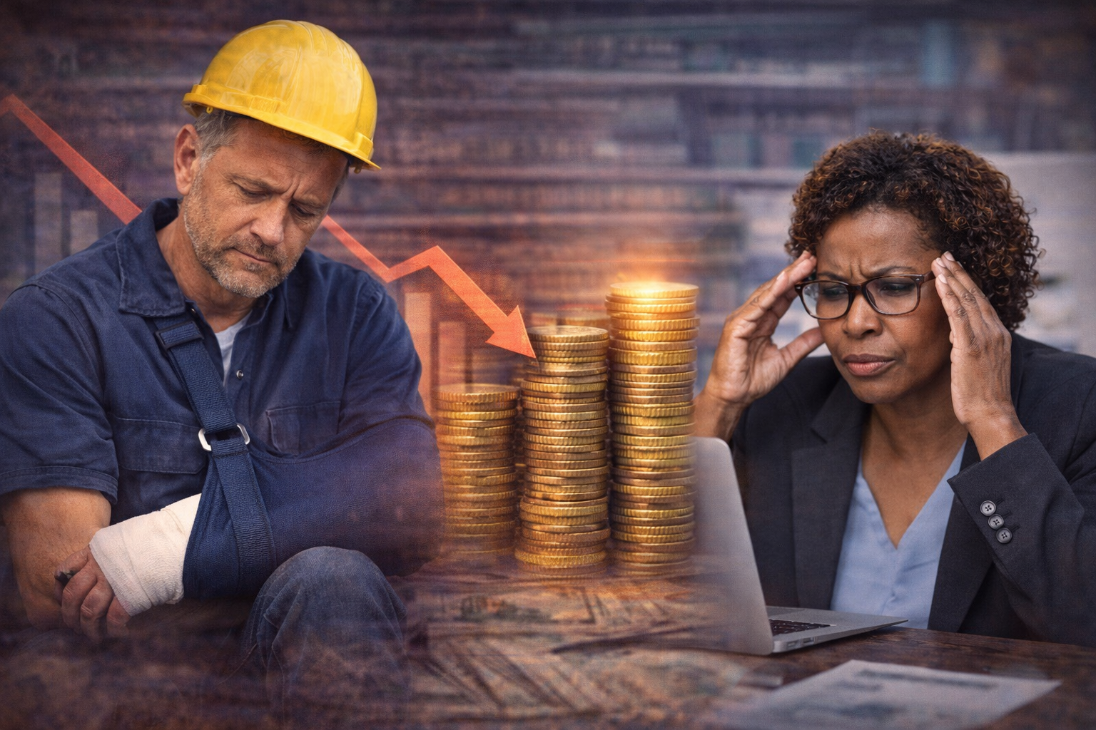 High-resolution composite image showing an injured construction worker wearing a hard hat and arm sling sitting with a concerned expression on the left, and a stressed businesswoman reviewing documents on a laptop on the right. Between them are stacked gold coins and a downward red arrow over a faint bar graph, symbolizing rising workers’ compensation costs and financial pressure from prolonged lost-time claims.