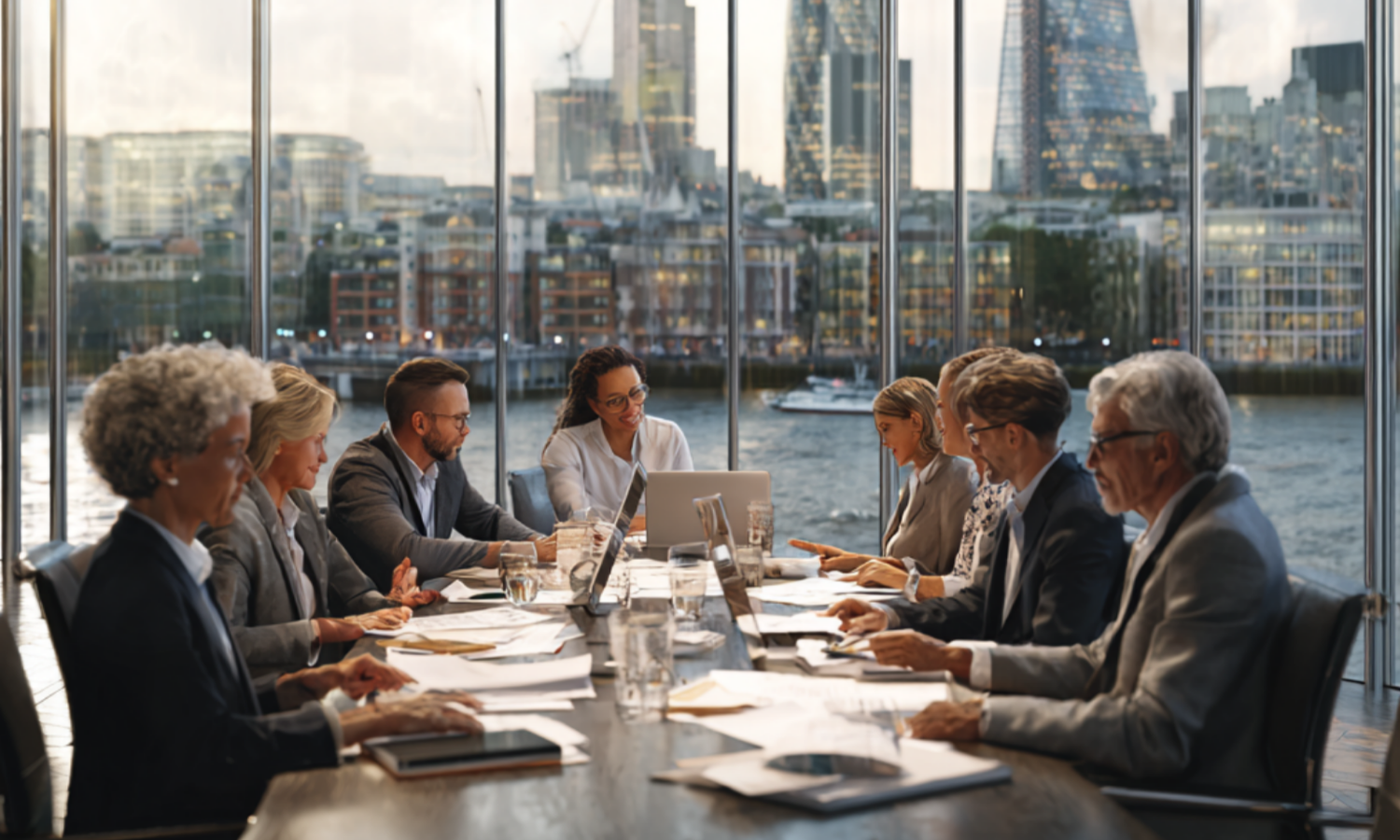 A diverse group of professionals in business attire sit around a conference table reviewing papers and laptops. They’re in a modern office with floor‑to‑ceiling windows that overlook a calm river and city skyline. Warm natural light streams in, highlighting their focused expressions and collaborative posture.